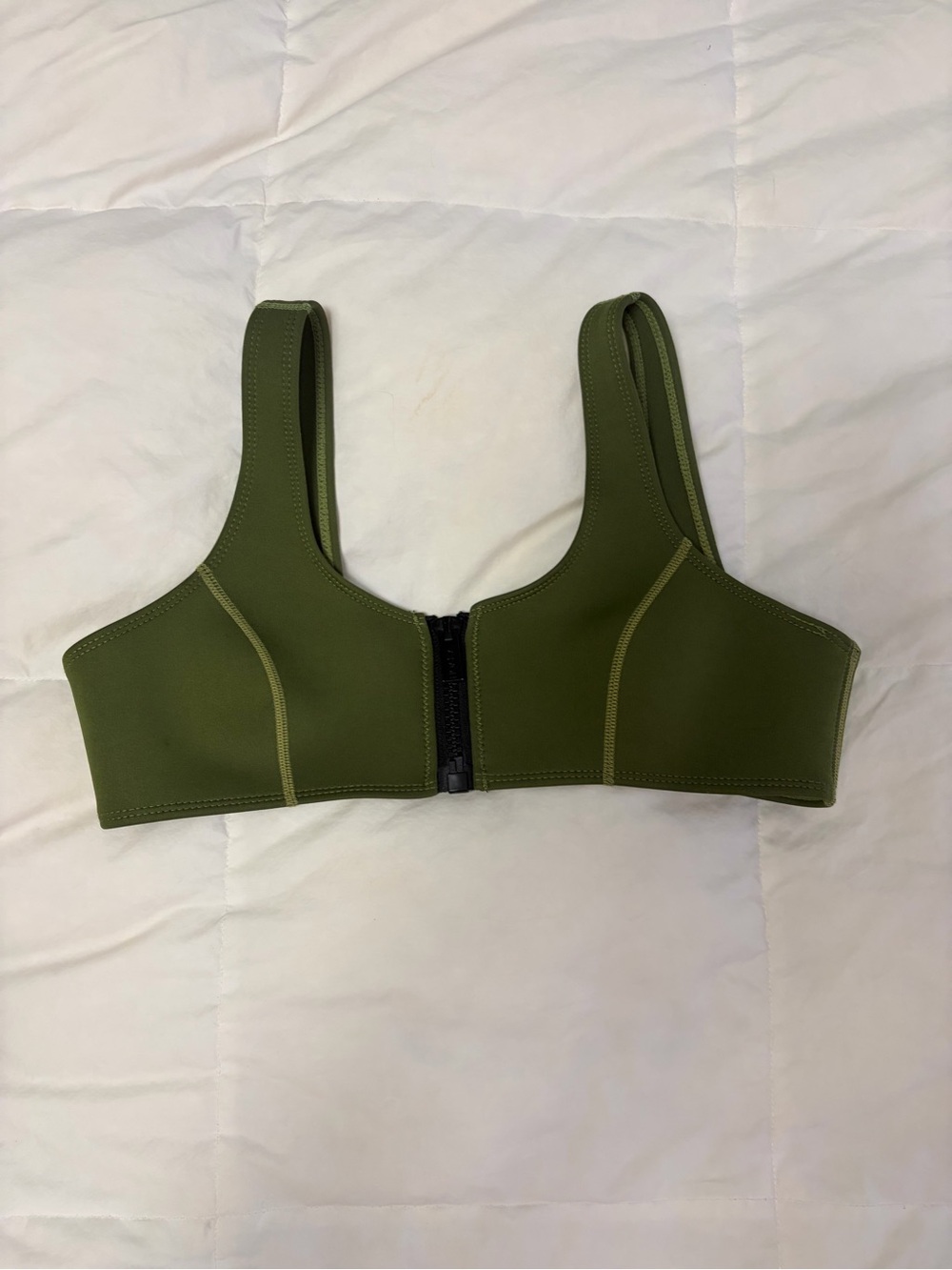 Front-Zip Olive Green Support Bikini top with Wide Straps